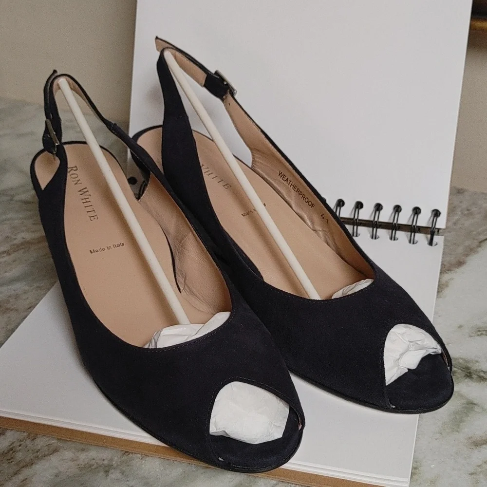 Ron White Navy Suede Jadinen Wedge Slingback Open Toe Shoe Size 41